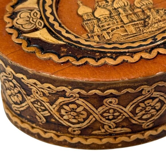 Russian Trinket Box Hand Made Birch Bark Oval Wood Ornate Church Design 3.5x2.75 - Picture 6 of 7